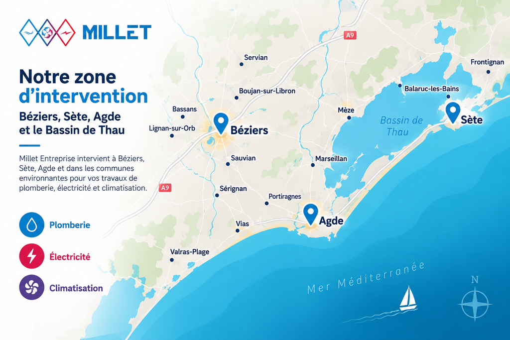 Zone d'intervention plombier Béziers Sète Agde Millet Entreprise